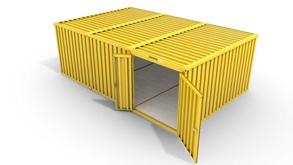 Lagercontainer 3er-Kombination mit Doppel-Drehflügeltür mittig in Stirnseite, H2196 x B2985 x T7050 mm, signalgelb, zerlegt