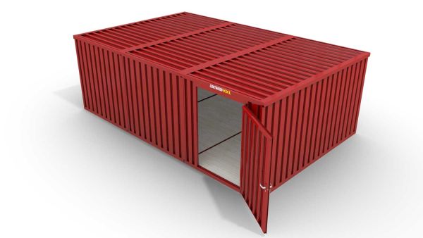 Lagercontainer 3er-Kombination mit Drehflügeltür mittig in Stirnseite, H2196 x B2985 x T7050 mm, feuerrot, zerlegt