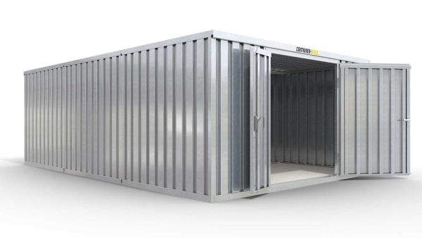 Lagercontainer 3er-Kombination mit Doppel-Drehflügeltür mittig in Breitseite, H2216 x B4020 x T7050 mm, verzinkt, zerlegt