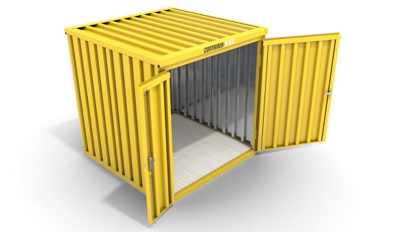 Lagercontainer mit Doppel-Drehflügeltür mittig in Breitseite, H2196 x B2350 x T1950 mm, signalgelb, zerlegt