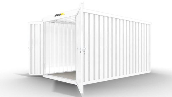 Isolierter Lagercontainer – 6 qm, 2465 x 3050 x 2170 mm, grauweiß, mit isoliertem Boden, 1840 mm Doppelflügeltür mittig in Stirnseite, montiert