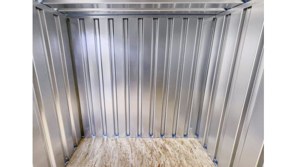 Lagercontainer - Schnellbaucontainer 20 qm, L5100xB4330 mm, Höhe 2660 mm, Einflügeltür mittig in Längsseite, Boden OSB 3 Platte, verzinkt Lagercontainer - Schnellbaucontainer 20 qm, L5100xB4330 mm, Höhe 2660 mm, Einflügeltür mittig in Längsseite, Boden OSB 3 Platte, verzinkt